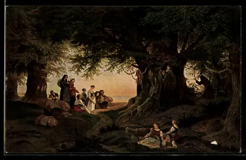 Künstler-AK Ludwig Richter: Abendandacht, Betende am Waldrand, Schaf, Baumhöhle mit Kindern, Mönch
