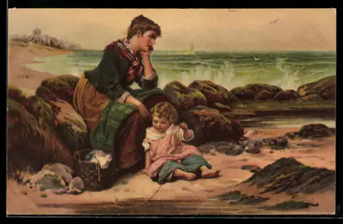 AK Mutter mit Kind am Meeresstrand
