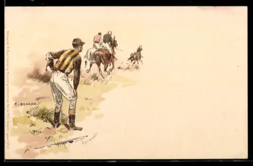Künstler-AK C. Becker: Farewell! Jockey schaut nach dem Sturz seinem Pferd hinterher