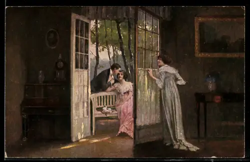 Künstler-AK sign. E. Schneider: Belauscht, Junge Dame im Salon u. Liebespaar vor geöffneter Flügeltür