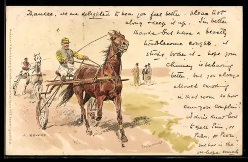 Künstler-AK C. Becker: Trabrennen, Jockeys sitzen auf einem Sulky