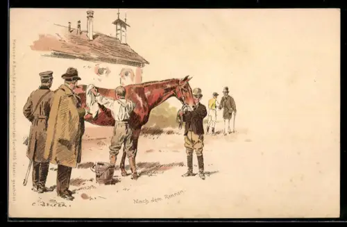 Künstler-AK C. Becker: Nach dem Rennen, Männer kümmern sich um und waschen ein Pferd