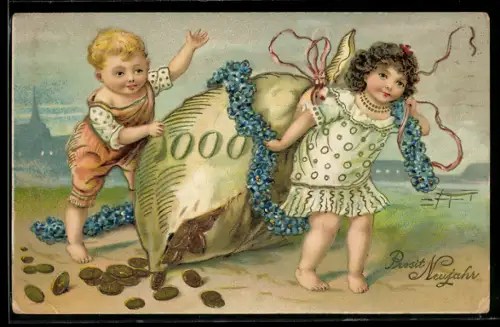 AK Zwei Kinder mit einem grossen Sack voll Münzen, Blumengirlande, Neujahrsgruss