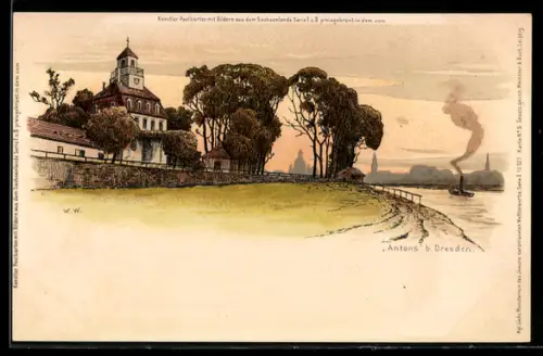 Lithographie Dresden, Partie am Schloss Antons