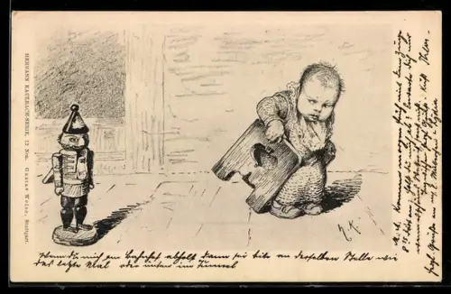 Künstler-AK Hermann Kaulbach: Kleinkind blickt argwöhnisch auf einen Nussknacker