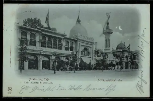 Mondschein-AK Düsseldorf, Arabisches Cafe Moritz & Görlich, Panorama