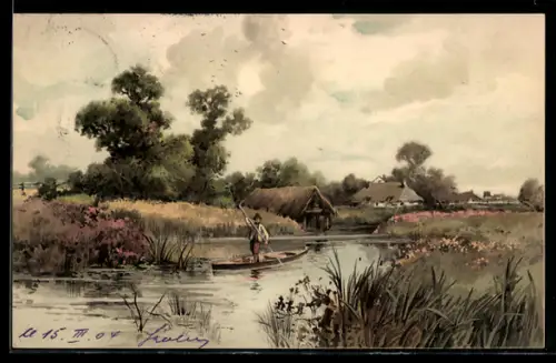 Künstler-AK Meissner & Buch (M&B): Kahnfahrer auf einem Fluss im Sommer, Bootshaus mit Strohdach, Anwesen