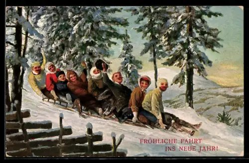 Künstler-AK Schlittenfahrt ins neue Jahr