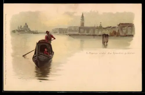 Lithographie Venedig / Venezia, Ansicht auf S. Markus von den öffentlichen Gärten aus