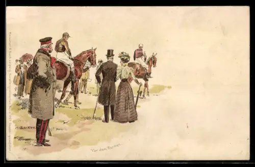 Künstler-AK Carl Becker: Besucher begutachten Reiter und Pferde vor dem Rennen
