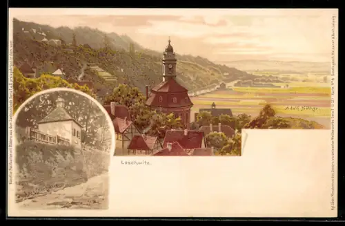 Lithographie Dresden-Loschwitz, Kirche, Schillerhaus
