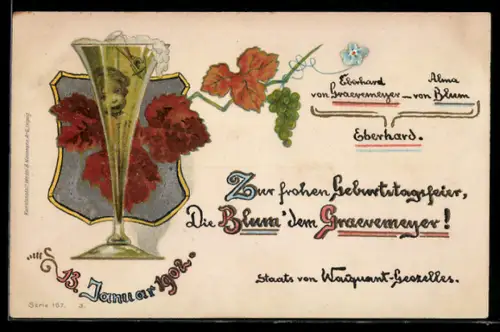 Künstler-AK Handgemalt: Champagnerglas zur Geburtstagsfeier dem Graevemeyer 13.01.1902