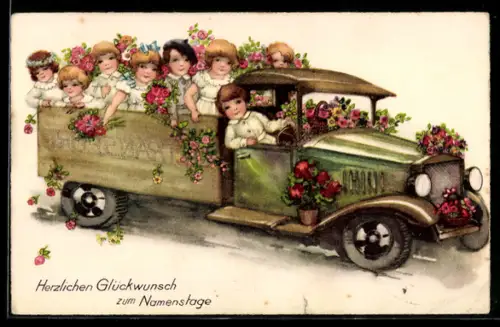 AK Kindergruppe mit Blumen in einem Lastwagen, Namenstagsgruss
