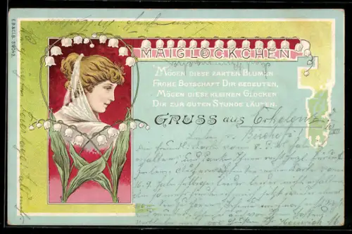 AK Frauenportrait mit Maiglöckchen-Ornament, Jugendstil