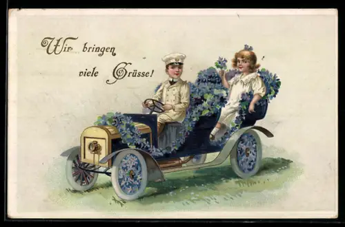 AK Kleines Paar im Blumenauto bringt viele Grüsse