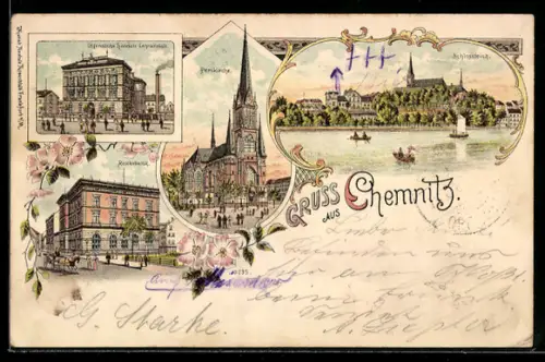 Lithographie Chemnitz, Bahnhof, St. Petrikirche, Schlossteich