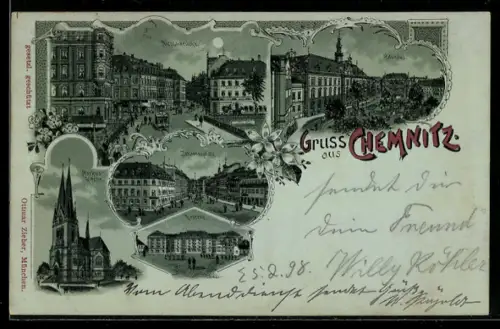 Mondschein-Lithographie Chemnitz, Nicolaibrücke, Kaserne, Johennesplatz