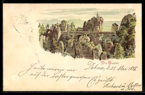 Lithographie Bastei, Blick auf die Basteibrücke