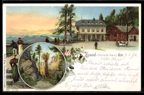 Lithographie Brand /Sächs. Schweiz, Gasthaus, Schulzengrund