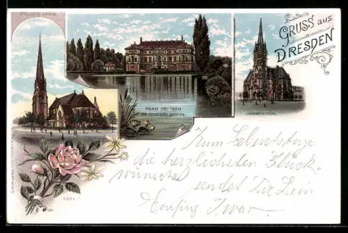 Lithographie Dresden, Johanneskirche, Englische Kirche, Palais und Teich im Grossen Garten