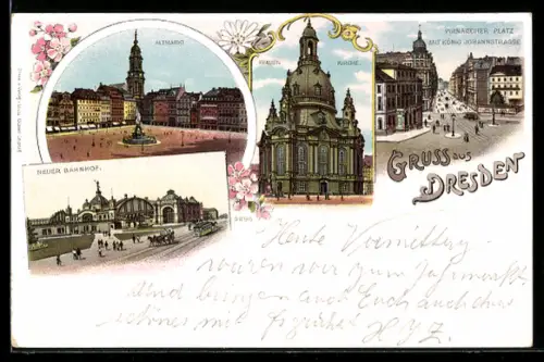 Lithographie Dresden, Frauenkirche, Neuer Bahnhof, Pirnaischer Platz