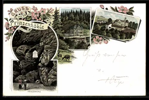 Lithographie Hartenstein, Prinzenhöhle, Forsthaus, Schloss Hartenstein