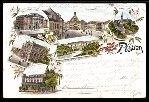Lithographie Plauen i. Vgtl., Rathaus, Königl. Industrieschule, Viaduktbrücke, Postamt