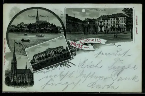 Mondschein-Lithographie Chemnitz, Kgl. Gymnasium, Neumarkt, Petri-Kirche