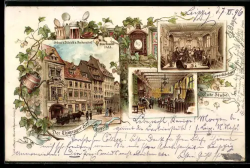 Lithographie Leipzig, Der Thüringer Hof, Innenansichten Corpsstübchen und Gute Stube