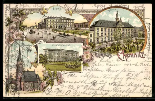 Lithographie Chemnitz, Staatslehreranstalt, Sgt. Nicolaikirche, Bahnhof und Rathaus