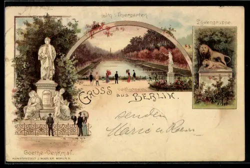 Lithographie Berlin-Tiergarten, Goldfischteich, Goethe Denkmal, Löwengruppe