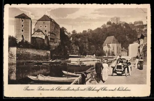 AK Passau, Oberzellerstrasse mit Ober- u. Niederhaus, Boote, Spaziergänger, Automobil mit Chauffeur