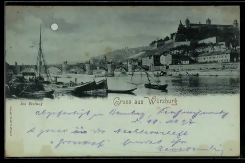 Mondschein-AK Würzburg, Die Festung, Panorama mit Brücke vom Wasser aus, Boote