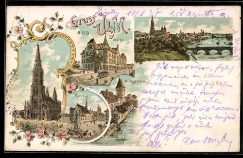 Lithographie Ulm, Metzgerturm, Münster, Rathaus und Saalbau, Panorama
