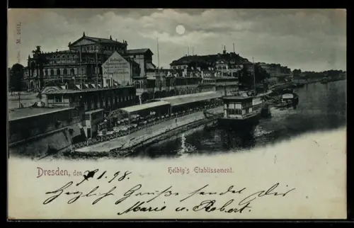 Mondschein-AK Dresden, Gasthaus Helbigs Gasthaus, Panorama mit Dampfer aus der Vogelschau
