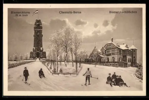 AK Chemnitz-Borna, Bismarckturm & Gasthaus Bismarckschlösschen im Winter