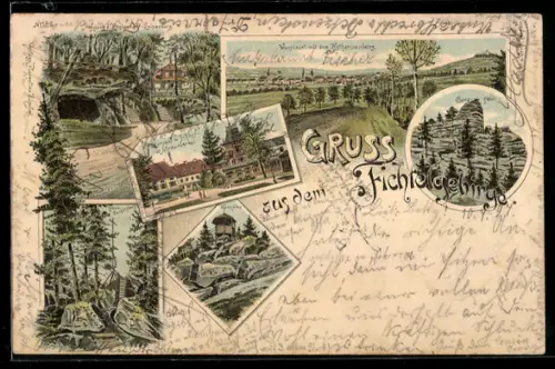 Lithographie Wunsiedel, Aufgang zum Restaurant Luisenburg, Kursaal, Katharinenberg