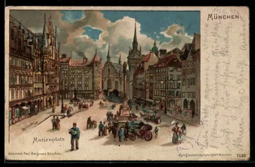 Künstler-AK Karl Heinisch: München, Gesamtansicht vom Marienplatz