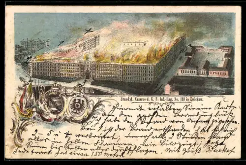 Lithographie Zwickau, Brand der Kaserne des K. S. Inf.-Reg. No. 133