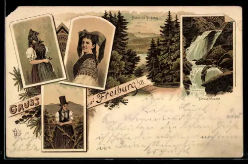 Lithographie Frauen in Schwarzwälder Tracht, Titisee mit Feldberg und Ravenaschlucht