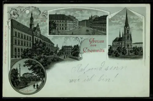 Mondschein-Lithographie Chemnitz, Rathaus und Börse, St. Petrikirche, Johannisgasse