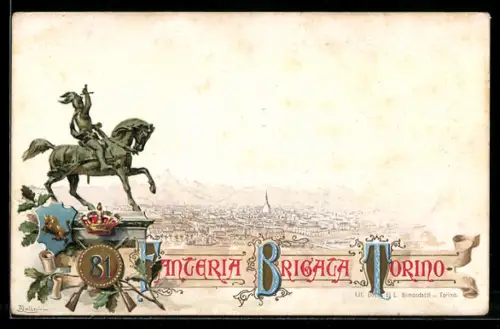 Lithographie Torino, Regimento Fanteria 81, Reiterstatue über der Stadt