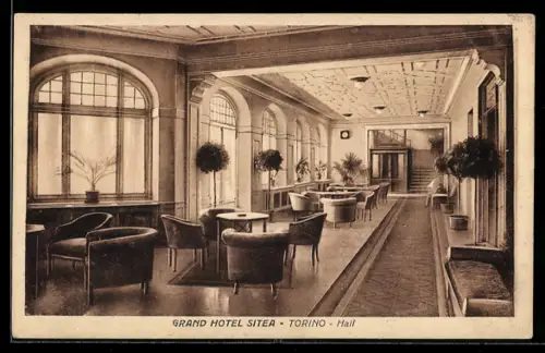 AK Torino, Grand Hotel S. I. T. E. A., Halle mit Tischen und Stühlen