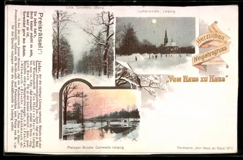 AK Leipzig, Lutherkirche, Linie Connewitz-Leipzig, Pleissen-Brücke, unter Schneedecke, Neujahrsgrusskarte