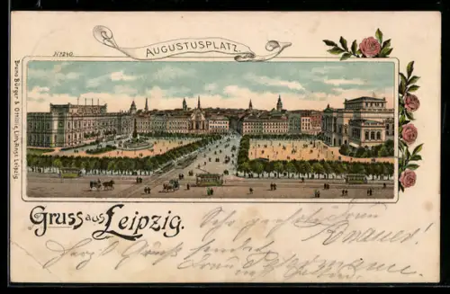 Lithographie Leipzig, Strassenbahn am Augustusplatz