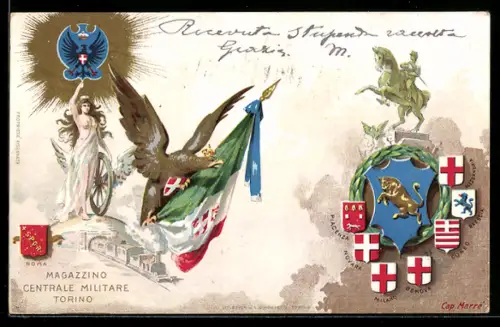 Lithographie Torino, Magazzino Centrale Militare, Wappen m. Kriegerstatue, Adler m. Fahne