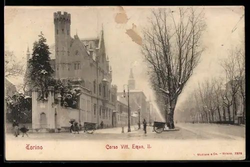 AK Torino, Corso Vittorio Emanuele II innevato con carrozze e alberi spogli