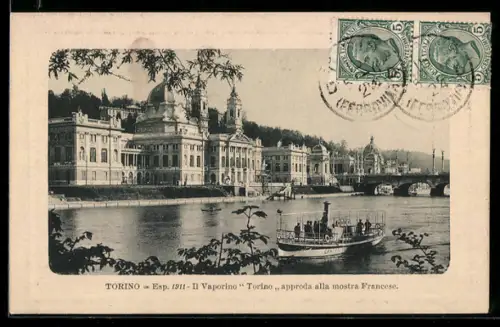 AK Turin, Esposizione Internazionale 1911, Il Vaporino Torino aproda all mostra Francese