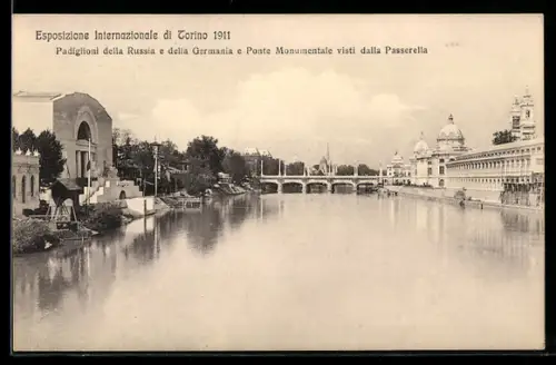 AK Torino, Esposizione Internazionale 1911, Padiglione della Russia e Germania e Ponte Monumentale, Passerella