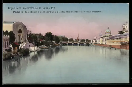 AK Torino, Esposizione Internazionale 1911, Padiglione della Russia e Germania e Ponte Monumentale, Passerella